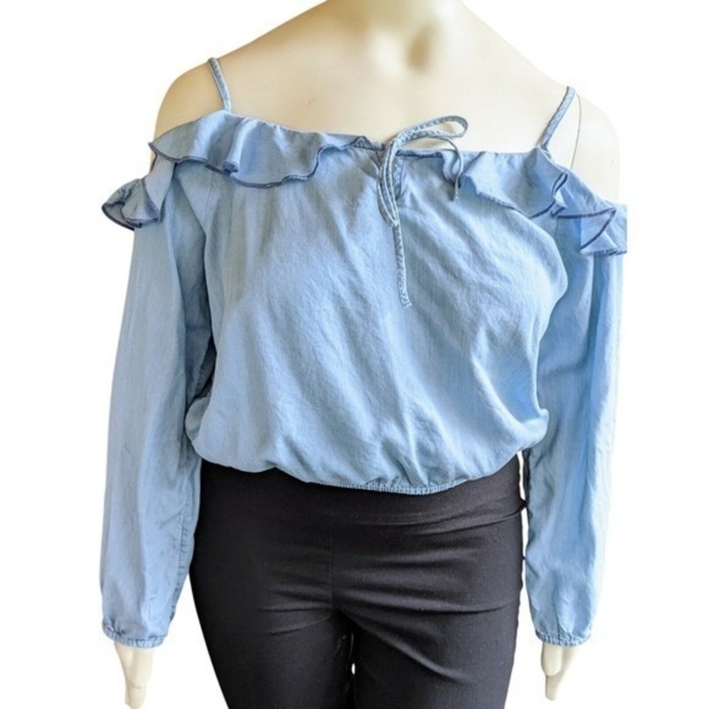 Women Top 2X Off Shoulder Tie Keyhole Ruffle Cottagecore Peasant Western Coastal